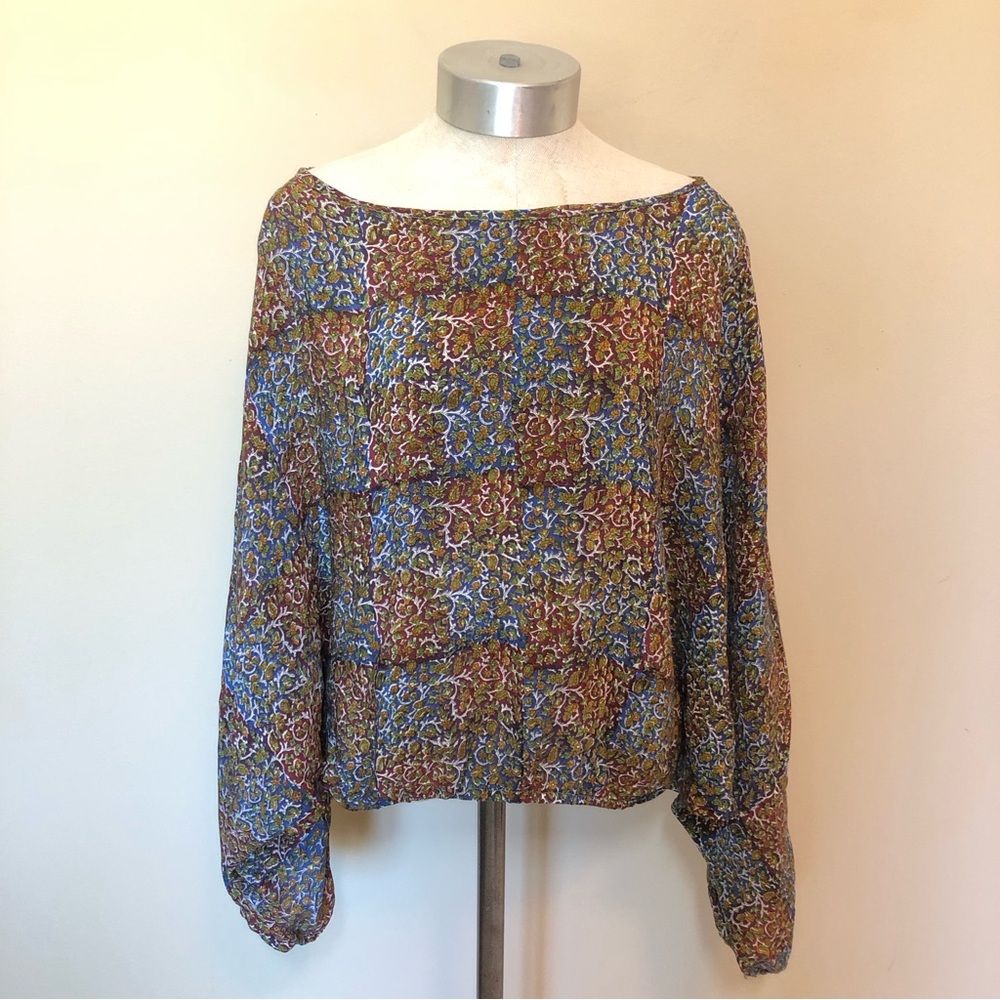 Tolani silk paisley floral dolman long sleeve elastic waist blouse top